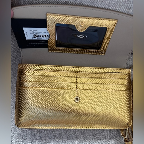TUMI Belden Sling Crossbody Wallet Gold Leather - Picture 5 of 8
